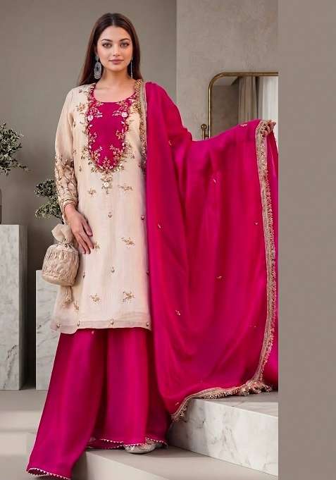 Cream Embroidery Cotton Anarkali Set