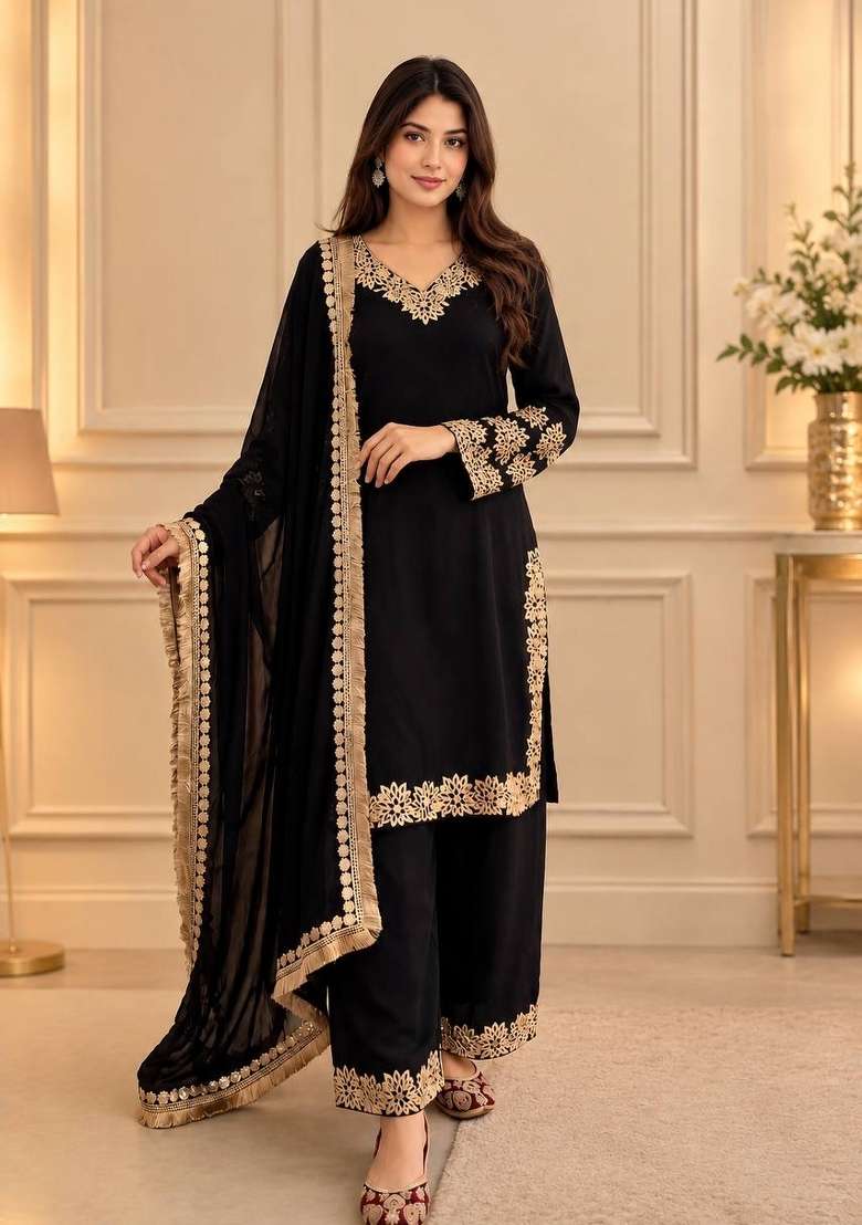 Black Embroidery Silk Kurta Set - Indya