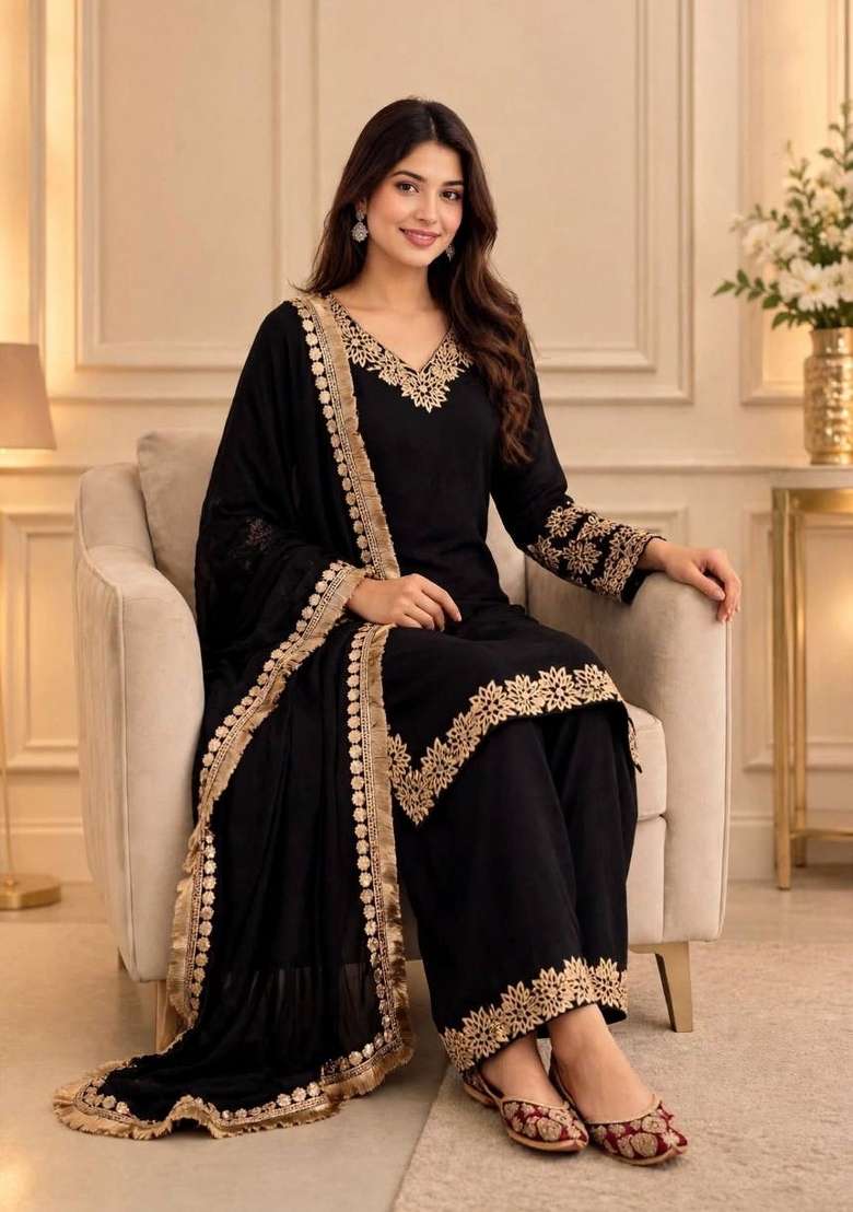 Black Embroidery Silk Kurta Set - Indya