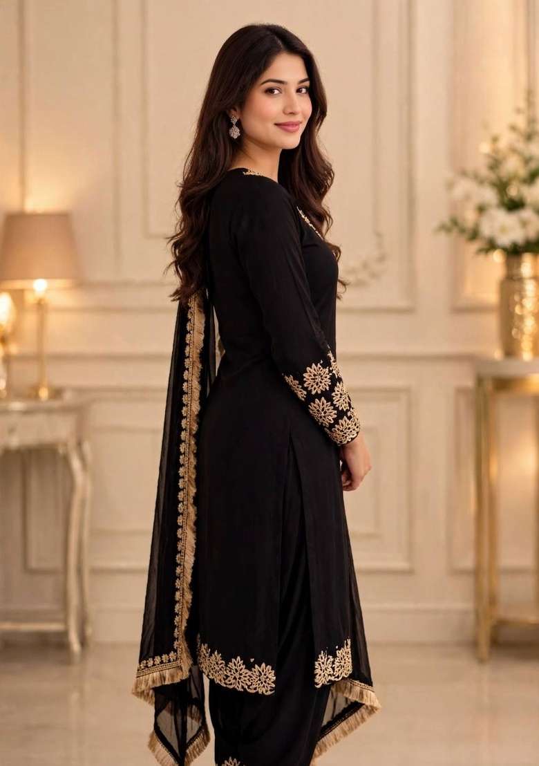 Black Embroidery Silk Kurta Set - Indya