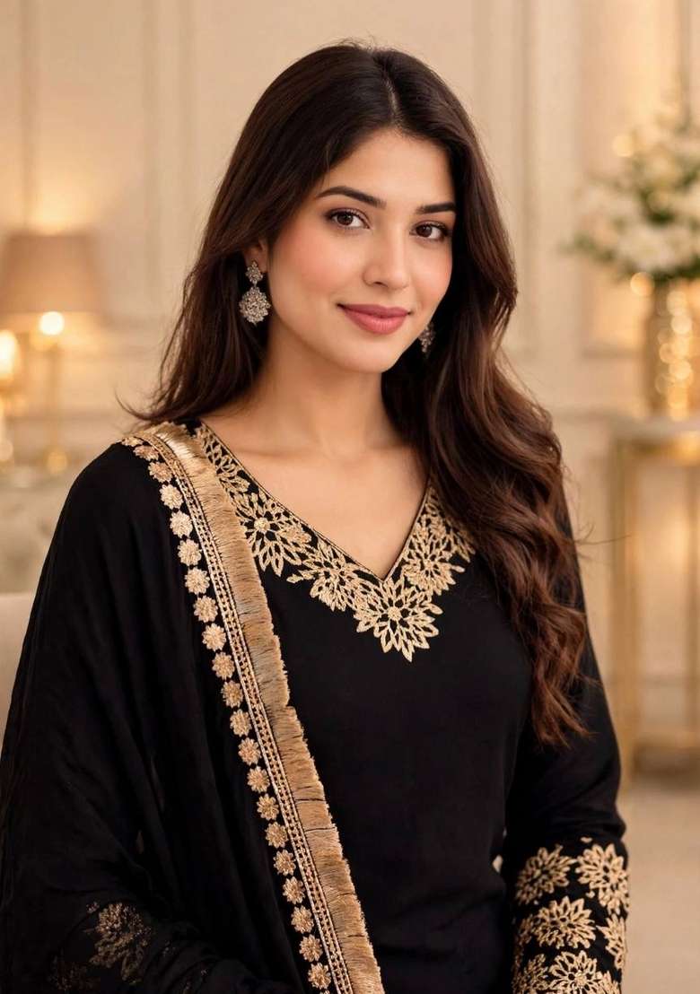 Black Embroidery Silk Kurta Set - Indya