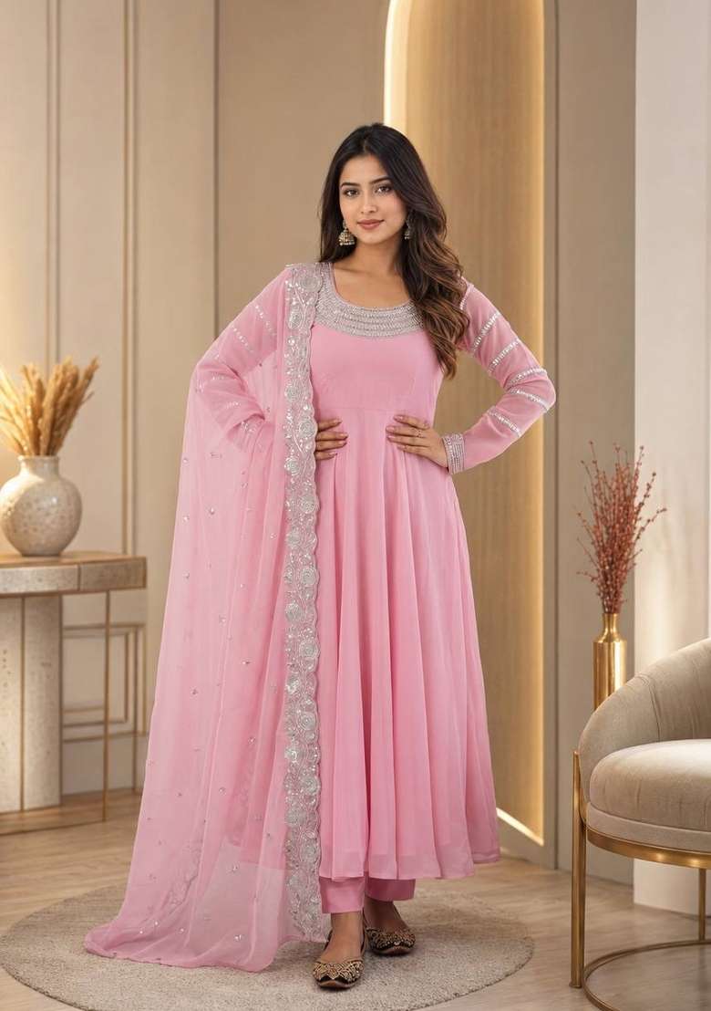 Pink Embroidery Georgette Kurta Set - Indya