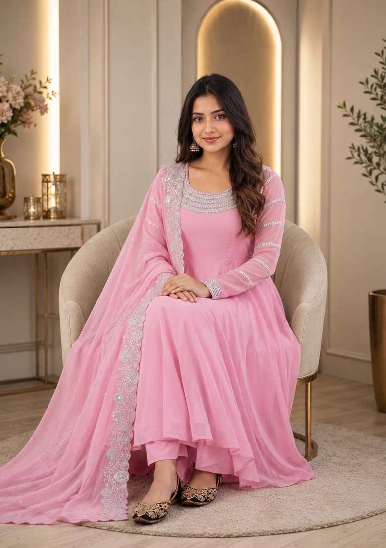 Pink Embroidery Georgette Kurta Set - Indya