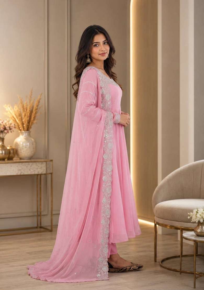 Pink Embroidery Georgette Kurta Set - Indya