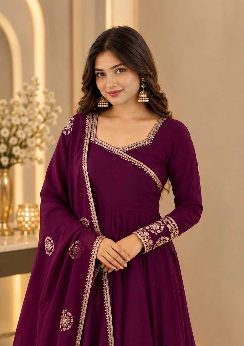 Maroon Embroidery Silk Kurta Set - Indya