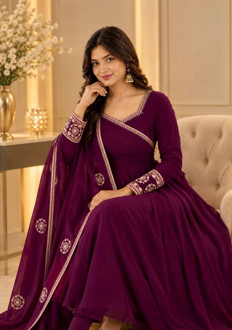 Maroon Embroidery Silk Kurta Set - Indya