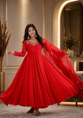 Red Embroidery Georgette Kurta Set