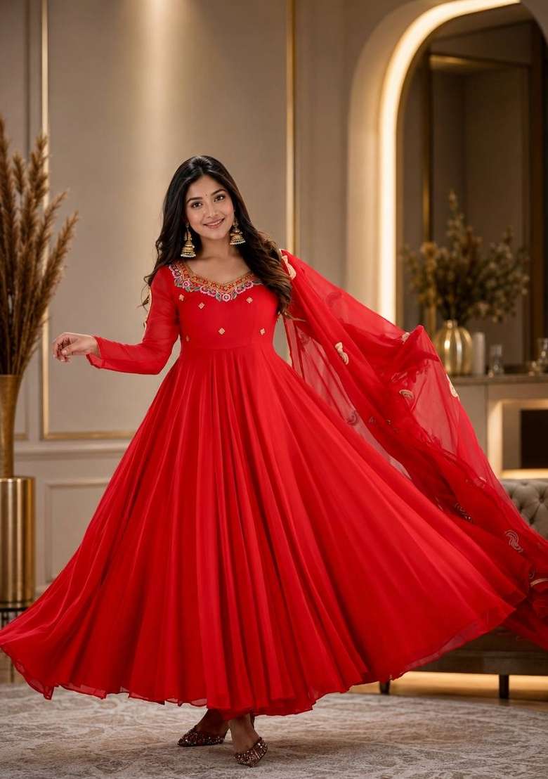 Red Embroidery Georgette Kurta Set - Indya