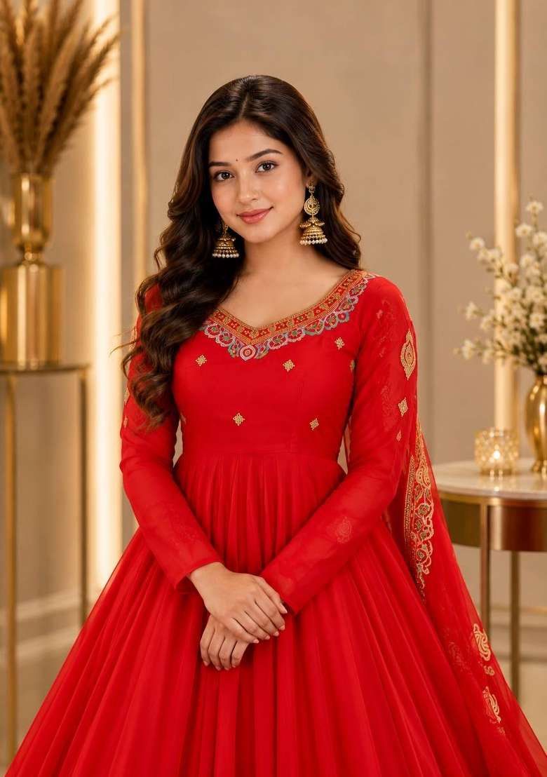 Red Embroidery Georgette Kurta Set - Indya