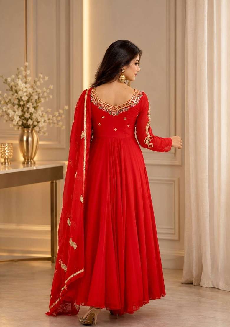 Red Embroidery Georgette Kurta Set - Indya