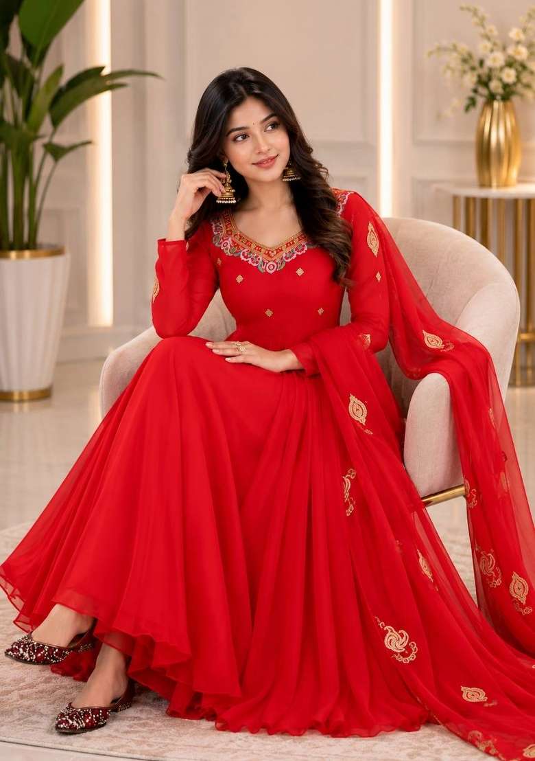 Red Embroidery Georgette Kurta Set - Indya
