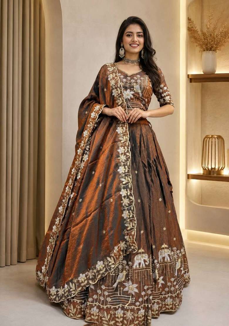 Brown Embroidery Silk Kurta Set - Indya