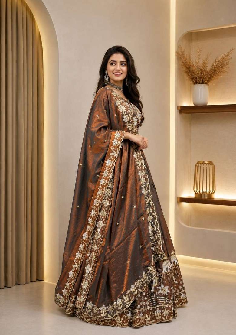 Brown Embroidery Silk Kurta Set - Indya