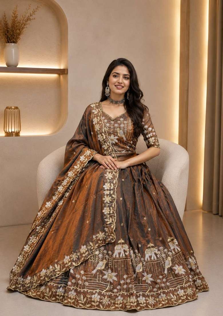 Brown Embroidery Silk Kurta Set - Indya