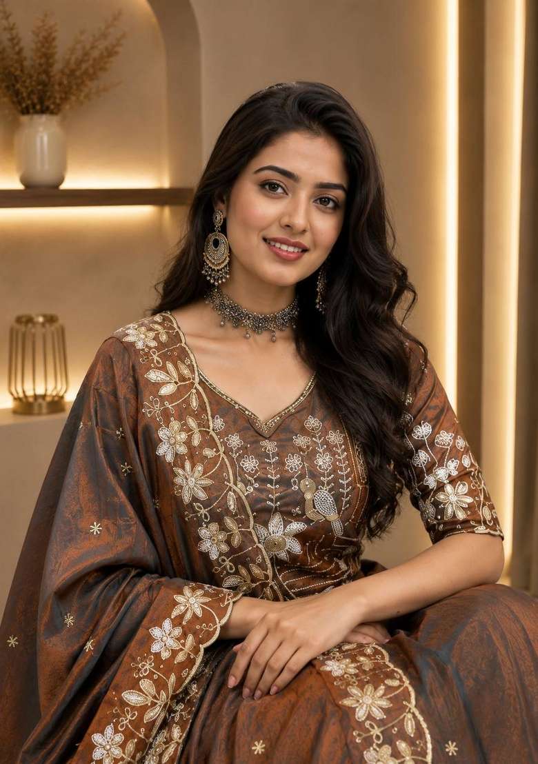 Brown Embroidery Silk Kurta Set - Indya