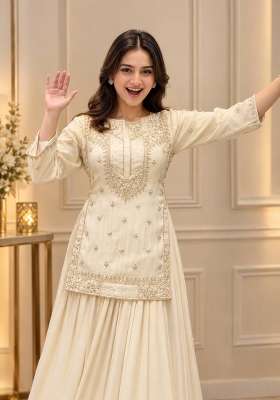 Cream Embroidery Silk Kurta Set