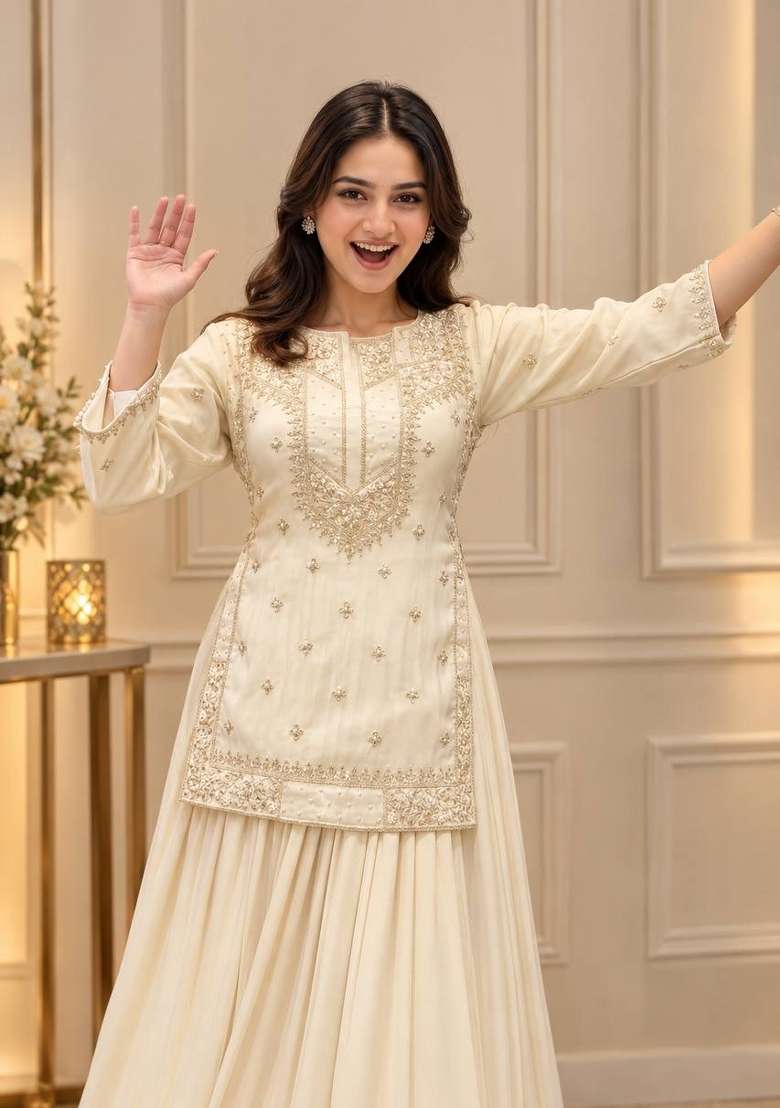 Cream Embroidery Silk Kurta Set - Indya