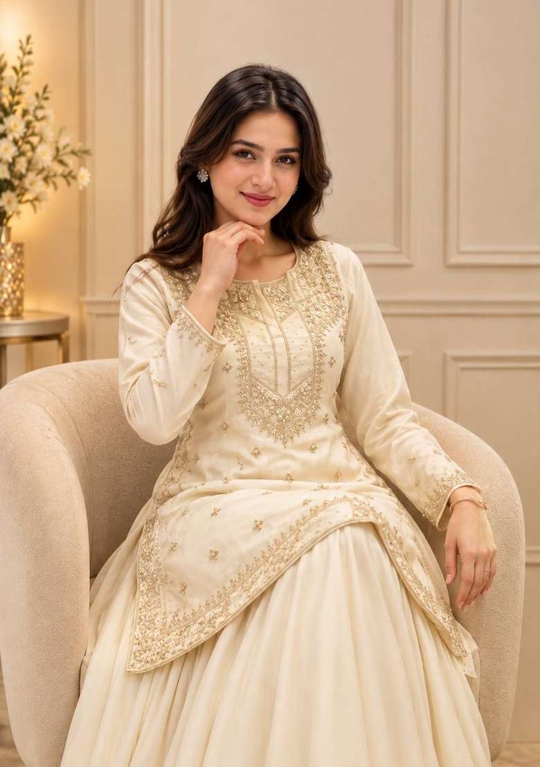 Cream Embroidery Silk Kurta Set - Indya