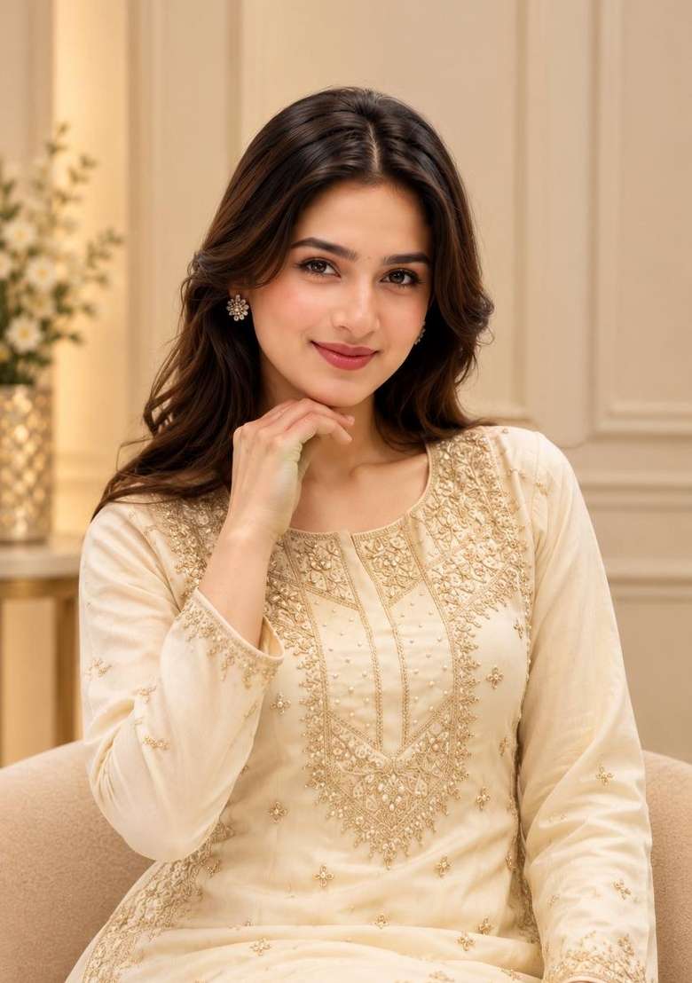 Cream Embroidery Silk Kurta Set - Indya