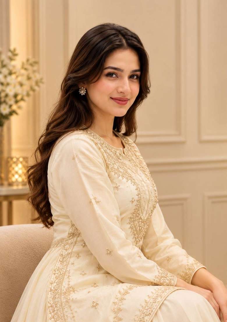 Cream Embroidery Silk Kurta Set - Indya