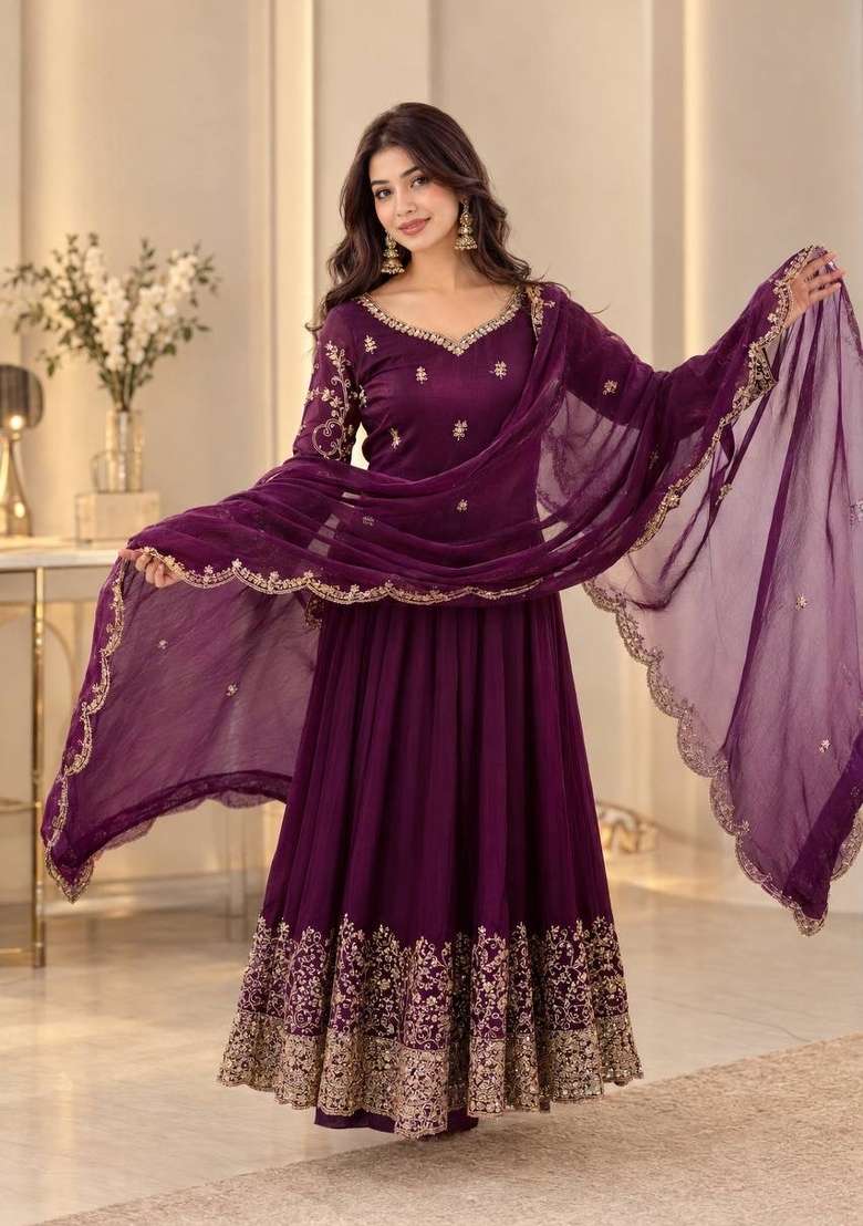 Maroon Embroidery Silk Kurta Set - Indya