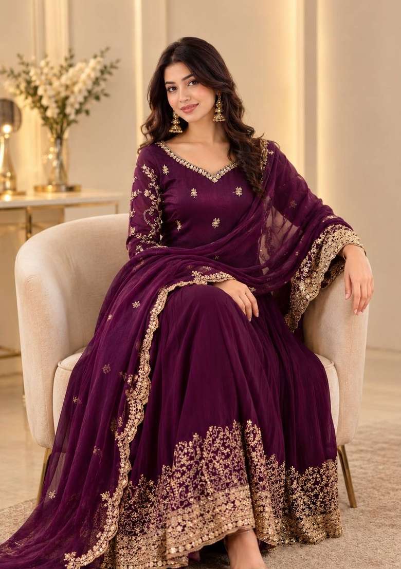Maroon Embroidery Silk Kurta Set - Indya