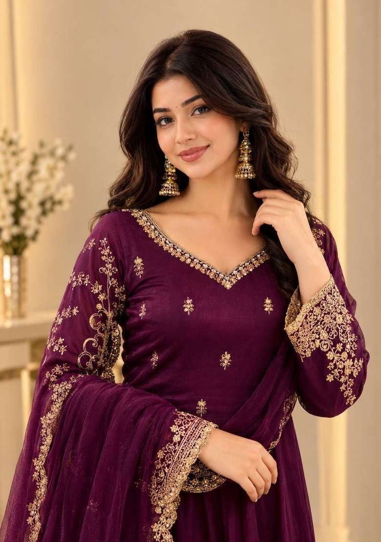 Maroon Embroidery Silk Kurta Set - Indya