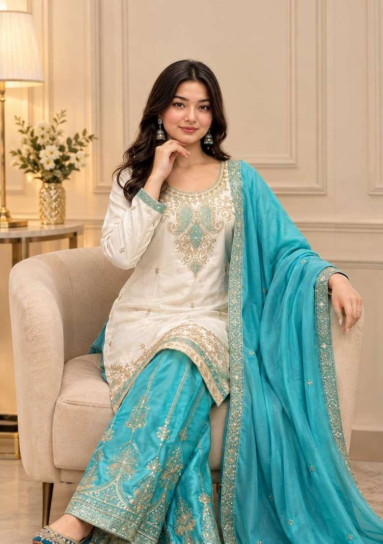 White Embroidery Silk Kurta Set - Indya