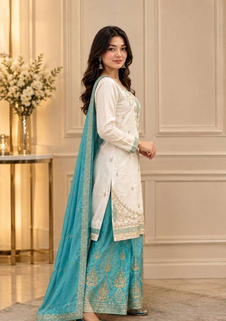 White Embroidery Silk Kurta Set - Indya