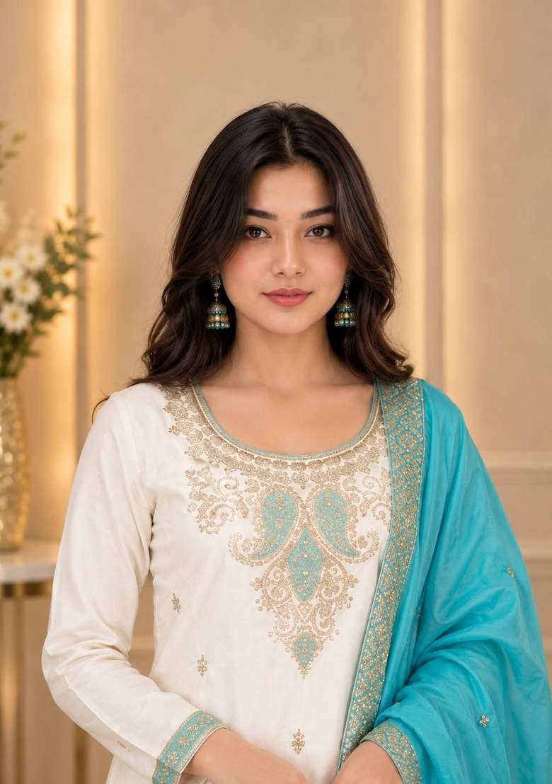 White Embroidery Silk Kurta Set - Indya