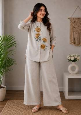 Grey Embroidery Cotton Kurta Set