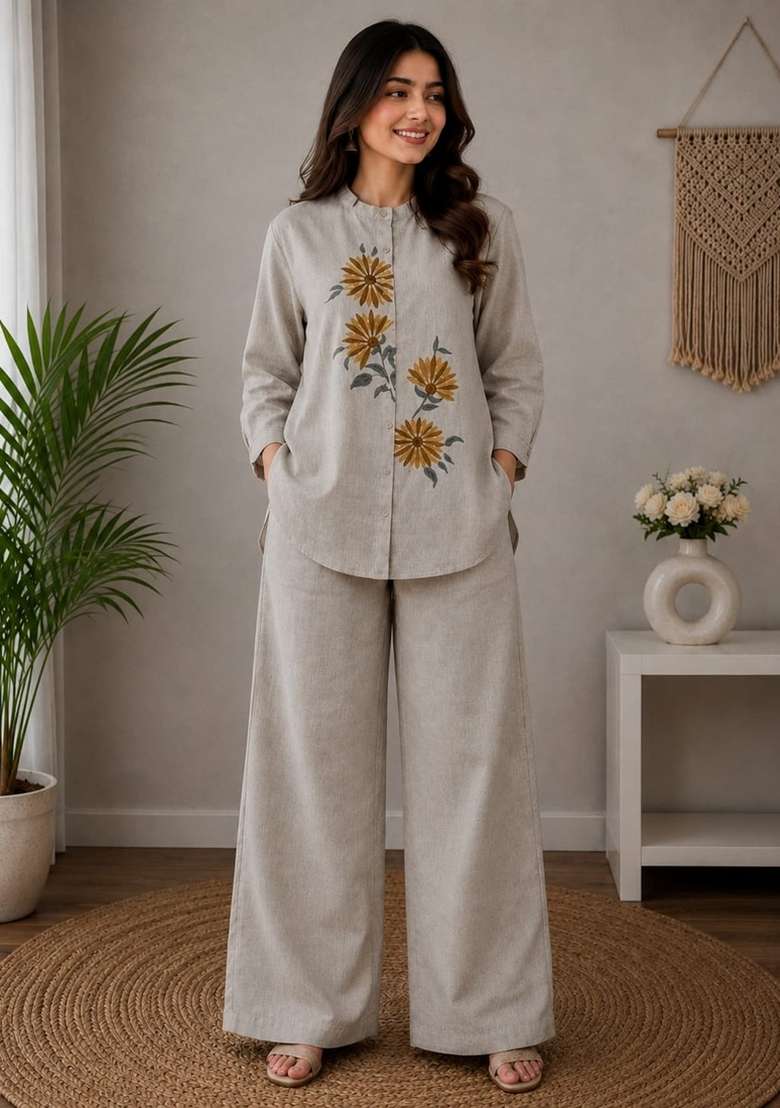 Grey Embroidery Cotton Kurta Set - Indya