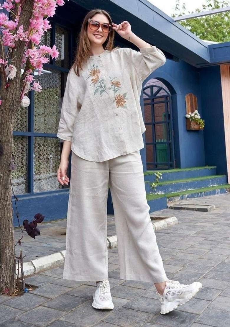 Grey Embroidery Cotton Kurta Set - Indya