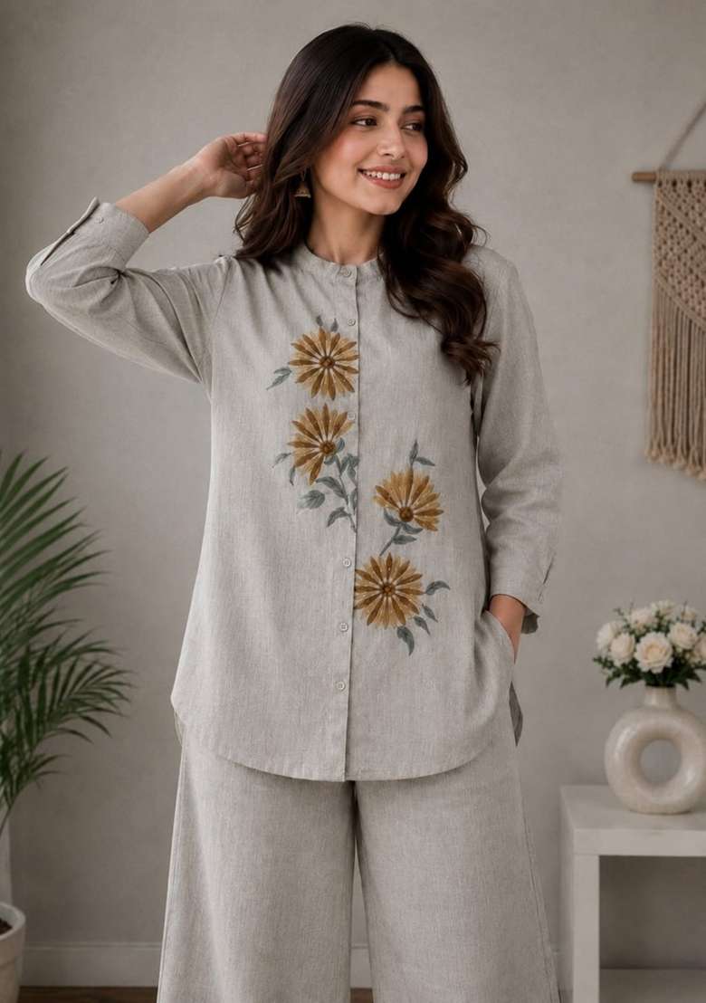 Grey Embroidery Cotton Kurta Set - Indya