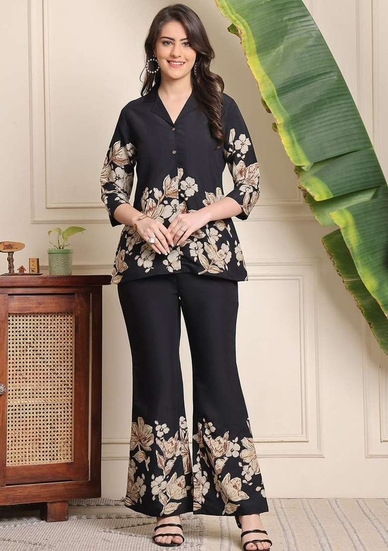 Black Printed Cotton Kurta Set - Indya