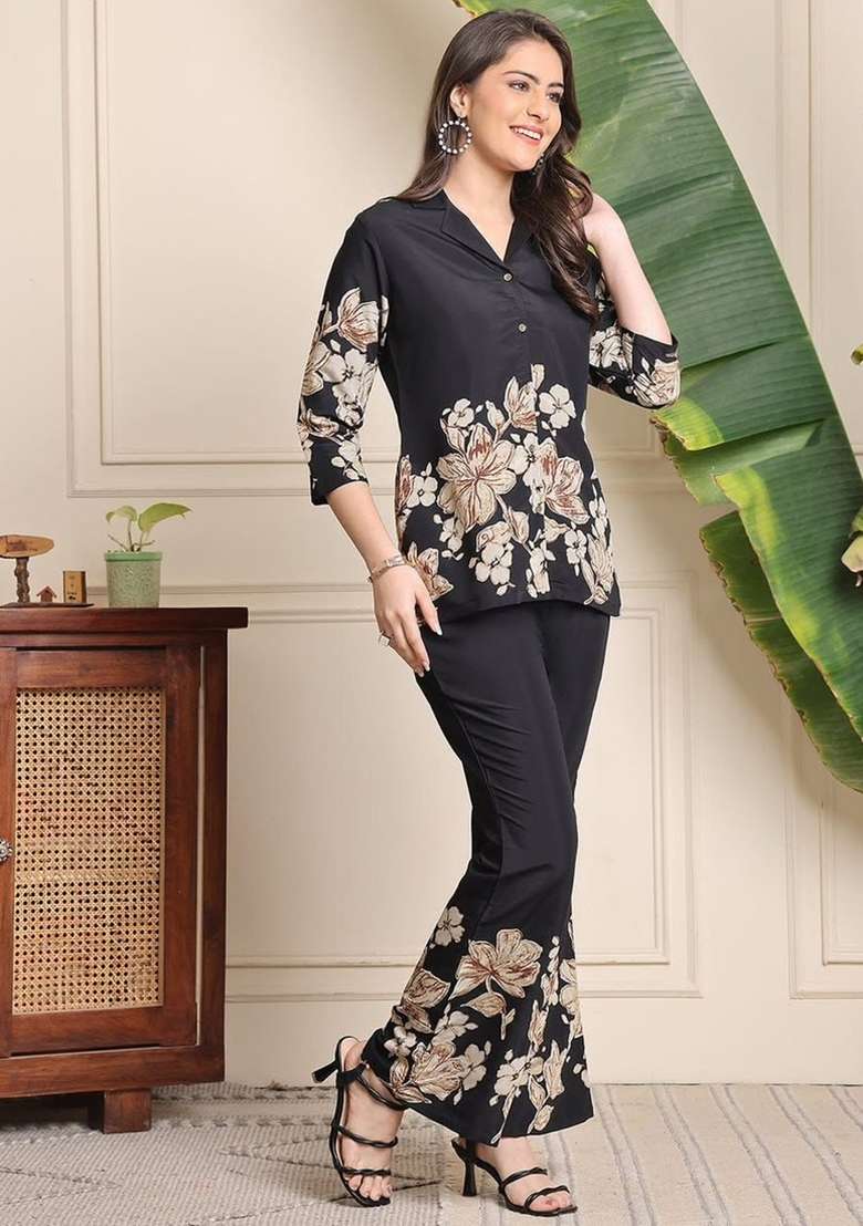Black Printed Cotton Kurta Set - Indya