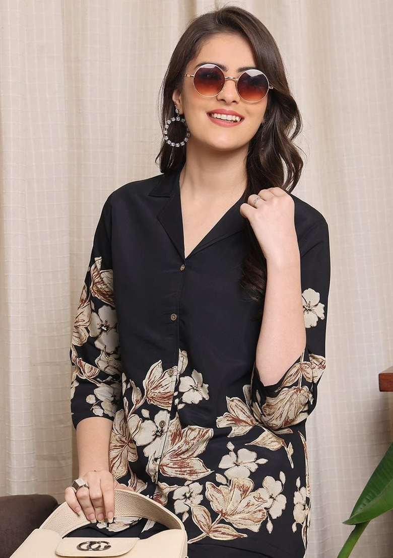 Black Printed Cotton Kurta Set - Indya