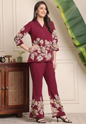 Maroon Printed Cotton Kurta Set