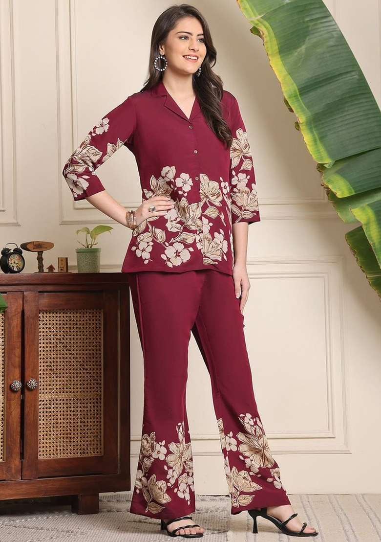 Maroon Printed Cotton Kurta Set - Indya