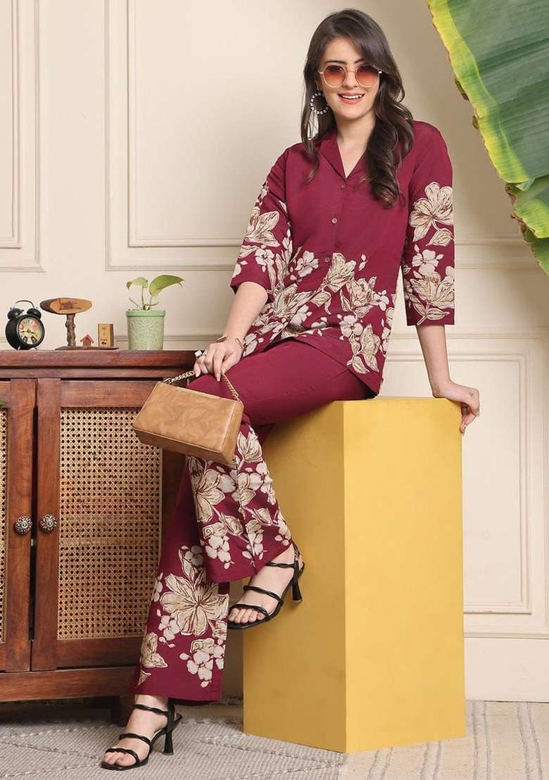 Maroon Printed Cotton Kurta Set - Indya
