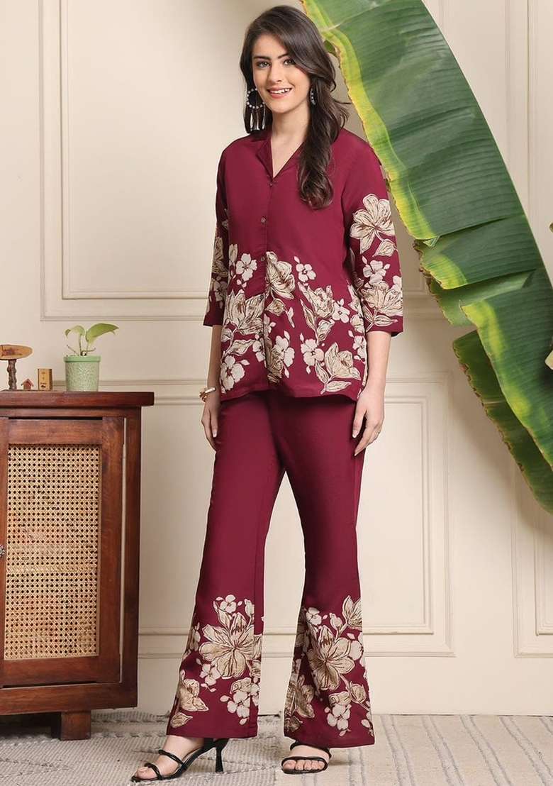 Maroon Printed Cotton Kurta Set - Indya