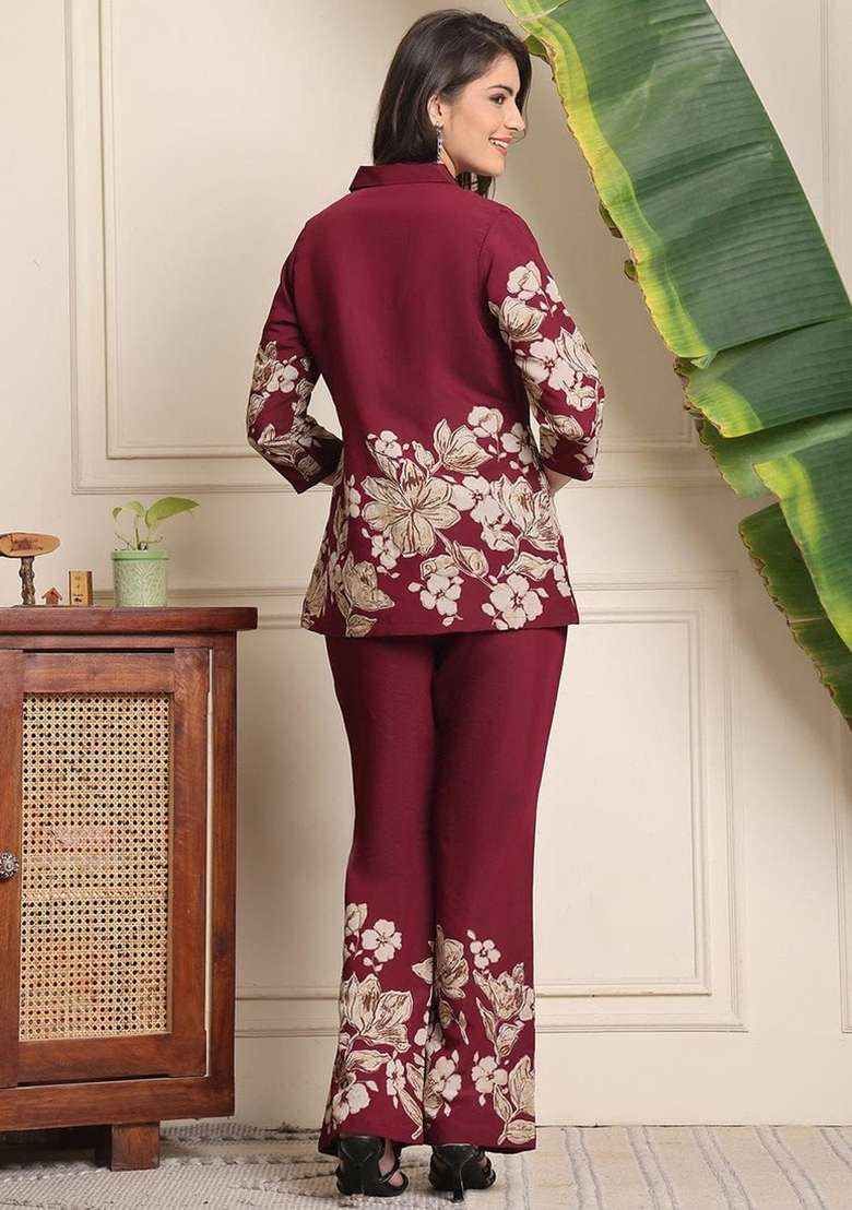 Maroon Printed Cotton Kurta Set - Indya