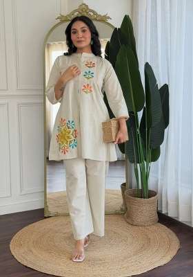 Off White Embroidery Cotton Kurta Set