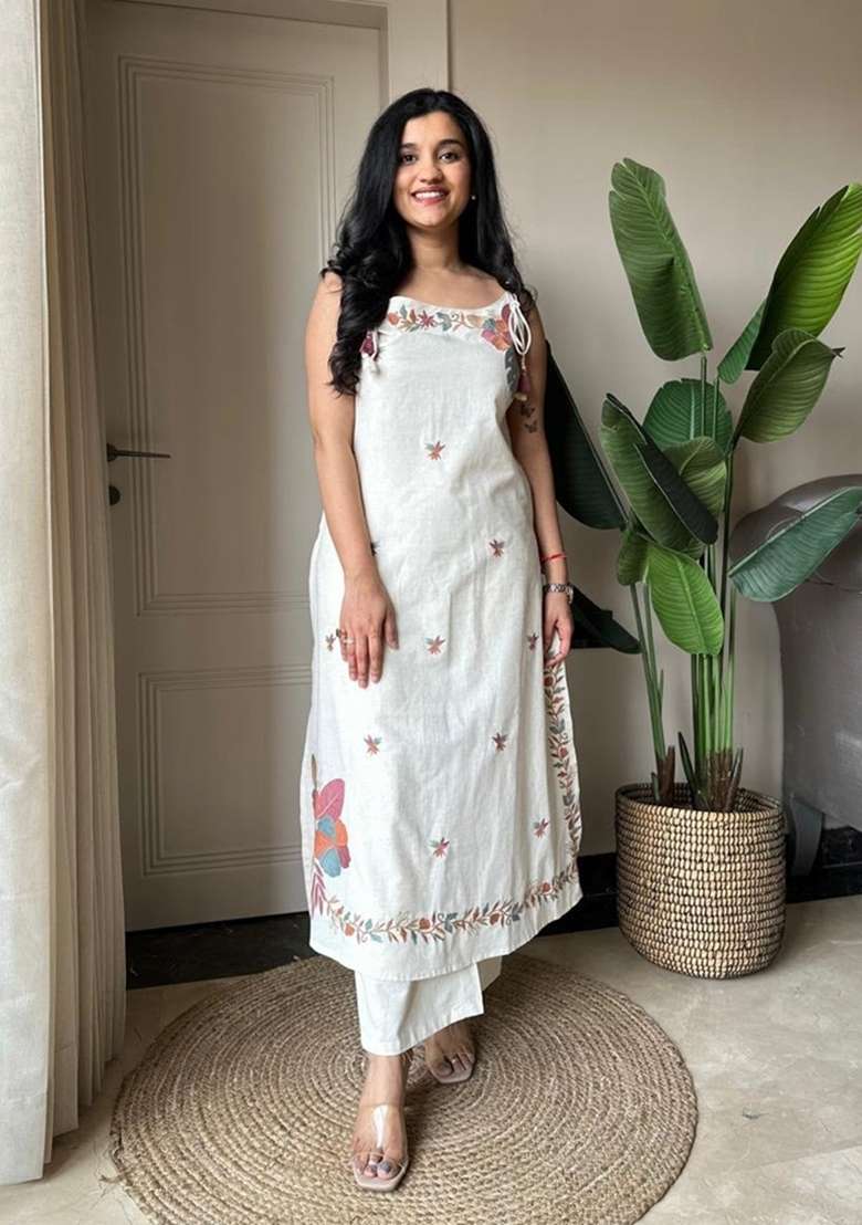 White Embroidery Cotton Kurta Set - Indya