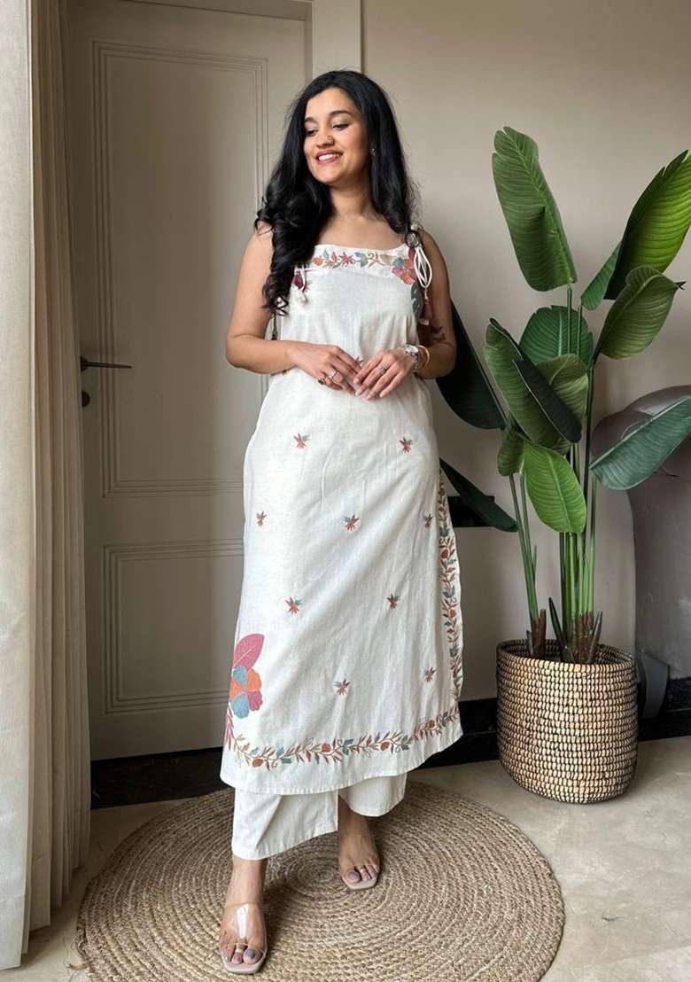 White Embroidery Cotton Kurta Set - Indya