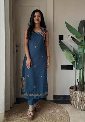 Teal Blue Embroidery Cotton Kurta Set