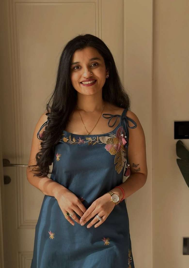 Teal Blue Embroidery Cotton Kurta Set - Indya