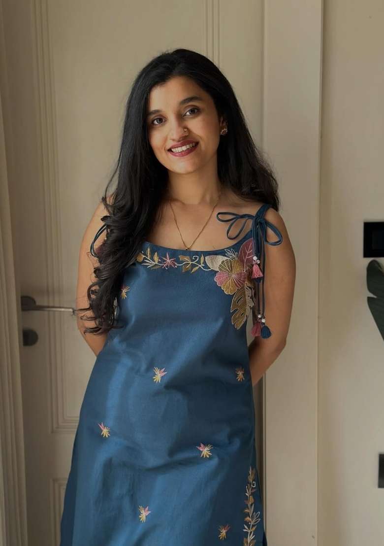 Teal Blue Embroidery Cotton Kurta Set - Indya
