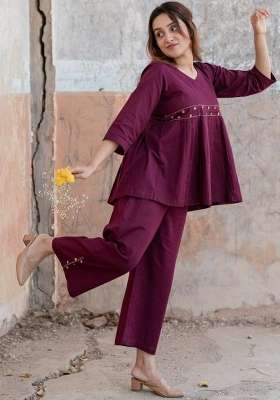 Wine Embroidery Cotton Kurta Set
