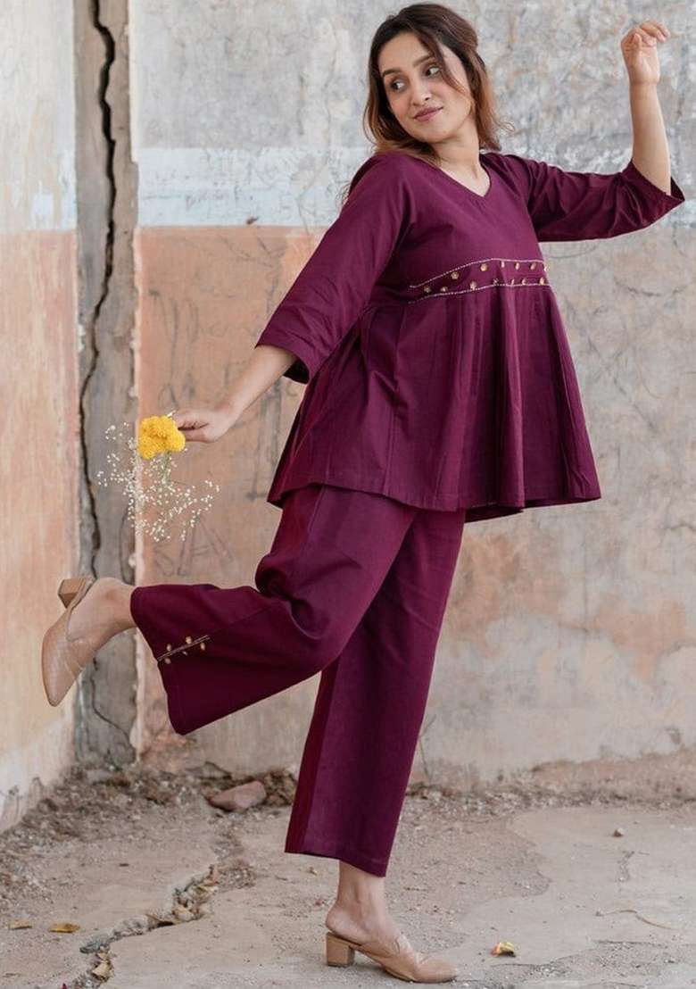 Wine Embroidery Cotton Kurta Set - Indya